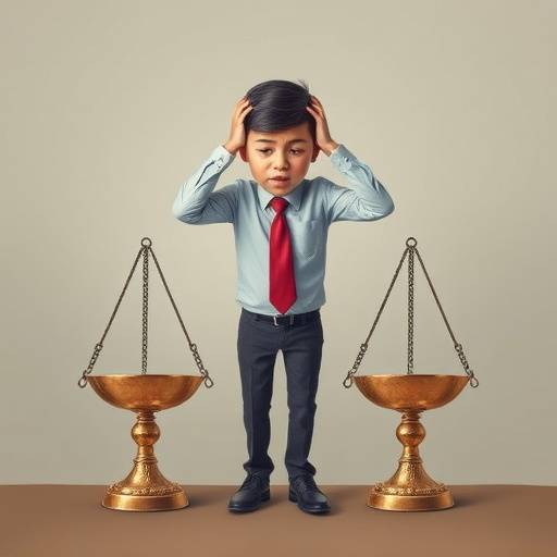 Una persona preocupada sosteniendo su cabeza con una balanza desequilibrada en el fondo, simbolizando el estr&radic;&copy;s de las deudas.